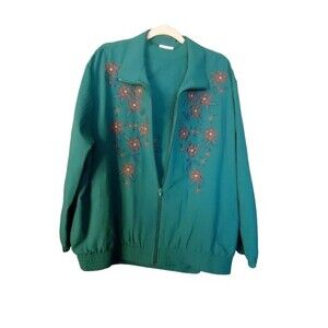BonWorth Embroidered Floral Blouse and Jacket Set Large Petite Green Vintage USA
